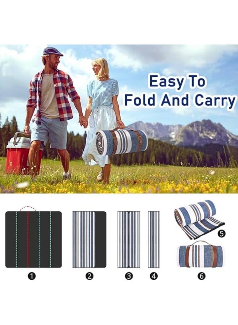 بطانية نزهة مخططة 200×200 سم، كبيرة، مقاومة للماء، قابلة للطي، لشاطئ، تخييم، سفر، متنزهات، أزرق وأبيض، أزرق وبني - Image 5